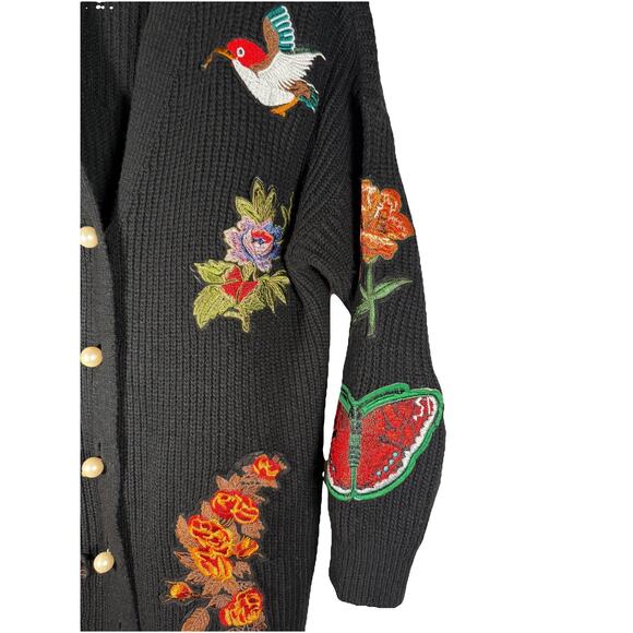 Unique Long Black Embroidered Appliqués Cardigan Sweater Sz M Designer Inspired - Picture 4 of 9